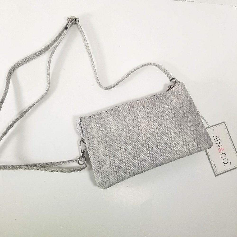 Jen & Co. Gray Herringbone Vegan Leather Crossbody Clutch Wristlet